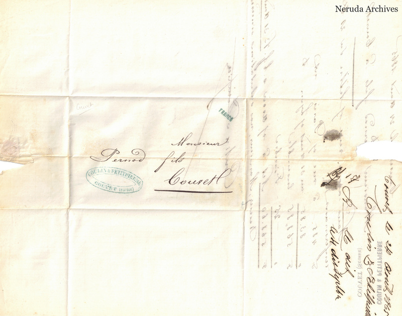 NRA-L-000084 image 1 showing the folded address panel to Pernod fils in Couvet with a Coulin and Petitpierre oval stamp, extensive calculations and damaged paper edges.