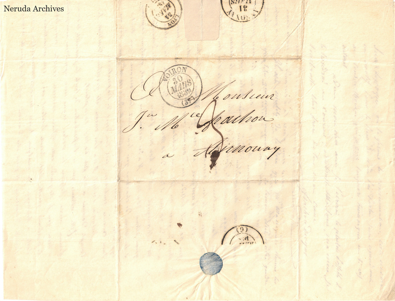 NRA-L-000501 image 1 showing a folded address panel to a Frachon correspondent with postal marks, routing notations and paper folds.