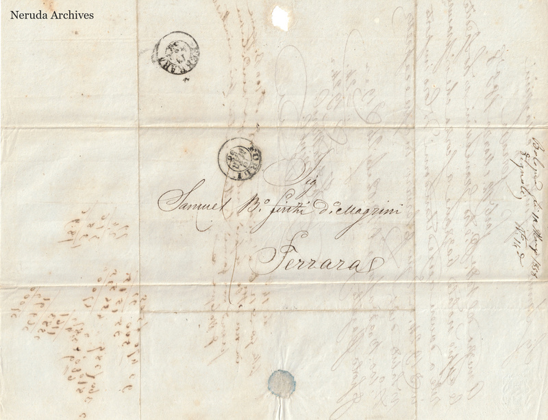 NRA-L-000696 image 1 showing the address panel, postal impressions, seal remains and filing evidence in the Forli letter of 12 March1858.