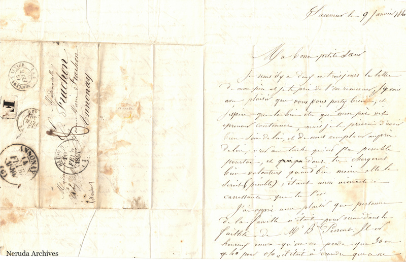 NRA-L-000614 image 1 showing an unfolded French family letter combining handwritten letter text, the delivery address, postal marks, folds, sealing evidence and complete physical paper edges.