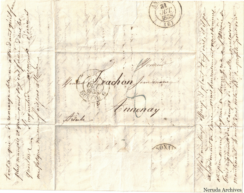 NRA-L-000619 image 1 showing a folded address panel to a Frachon correspondent at Annonay, with handwritten delivery address, postal marks, sealing evidence, folds and retained annotations.