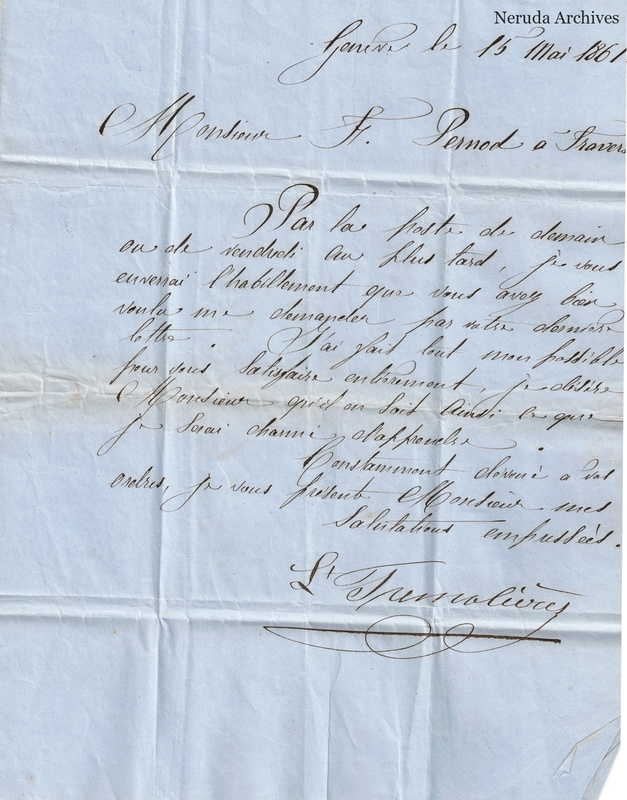 NRA-L-000087 image 2 showing a French manuscript letter dated at Geneva with a salutation to Fritz Pernod, commercial text, signature and a folded lower-right paper loss.