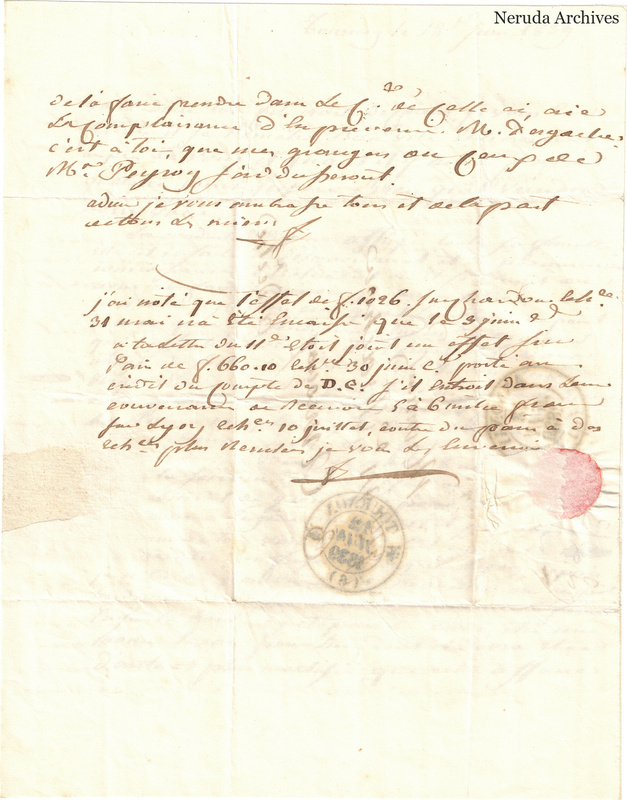 NRA-L-000587 image 4 showing a handwritten French letter continuation with closing, signature, postal evidence or later notes, folds and paper edges.