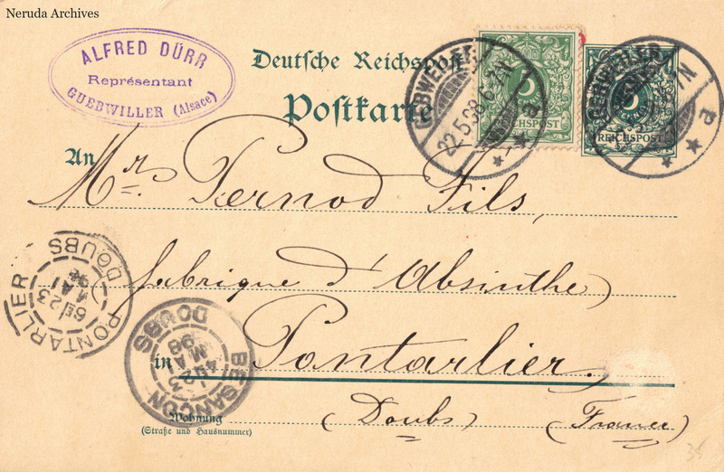 NRA-L-000161 image 1 showing a German postcard addressed to Pernod Fils, absinthe manufacturers in Pontarlier, with Alfred Dürr's Guebwiller cachet, two stamps and postmarks.