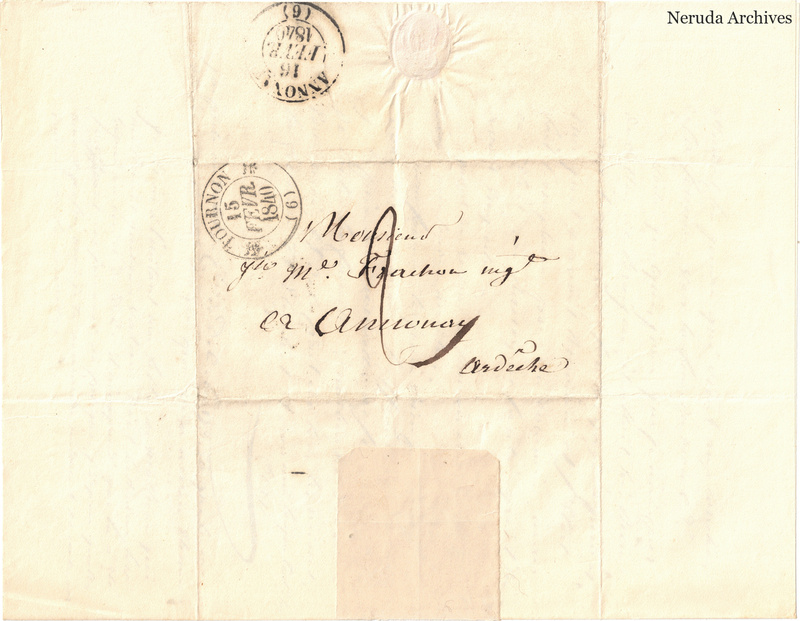 NRA-L-000590 image 1 showing a folded address panel to a Frachon correspondent at Annonay, with handwritten delivery address, postal marks, sealing evidence, folds and retained annotations.