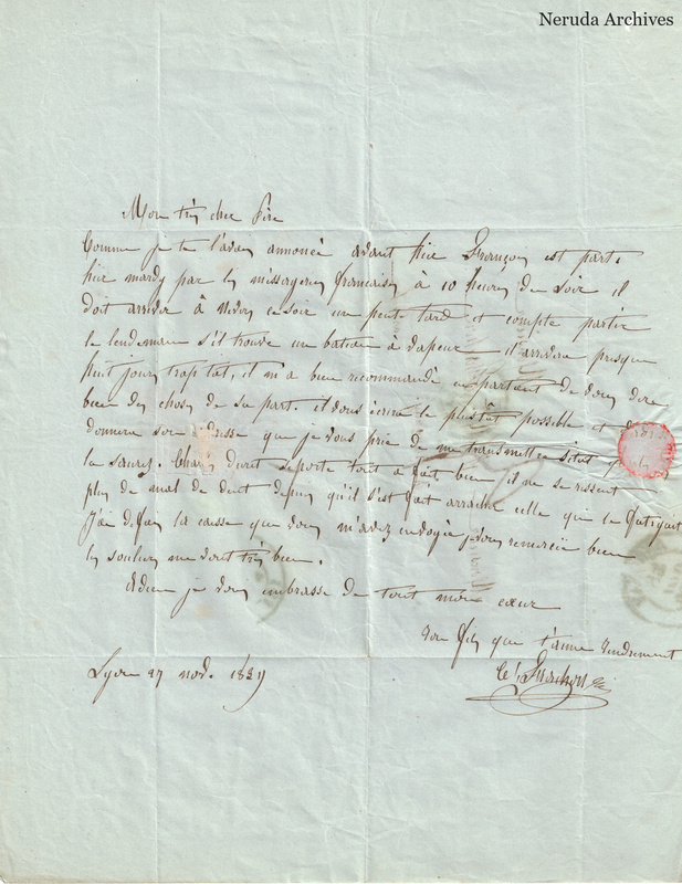 NRA-L-000543 image 2 showing a handwritten French letter continuation with closing, signature, later notes, folds and paper edges.