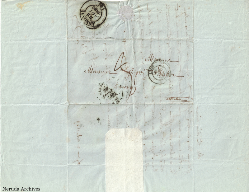 NRA-L-000479 image 1 showing a blue folded address panel to Joseph Frachon in Annonay with circular postal marks, manuscript routing, folds and a large pale repair.