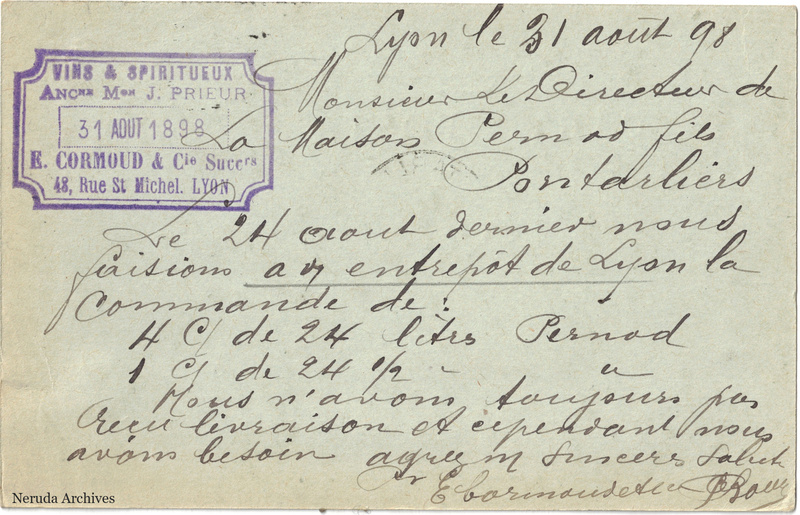 NRA-L-000281 image 2 showing the handwritten message from E. Cormoud & Cie to Pernod Fils, with contemporary annotations and the sender's signature or business mark.