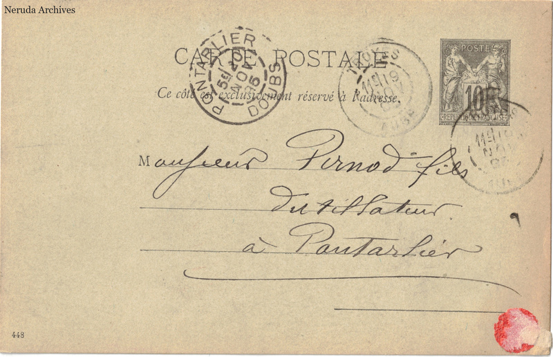 NRA-L-000201 image 1 showing the address side of a postcard sent by G. Tonnellier to Pernod Fils, with contemporary postal and business marks.