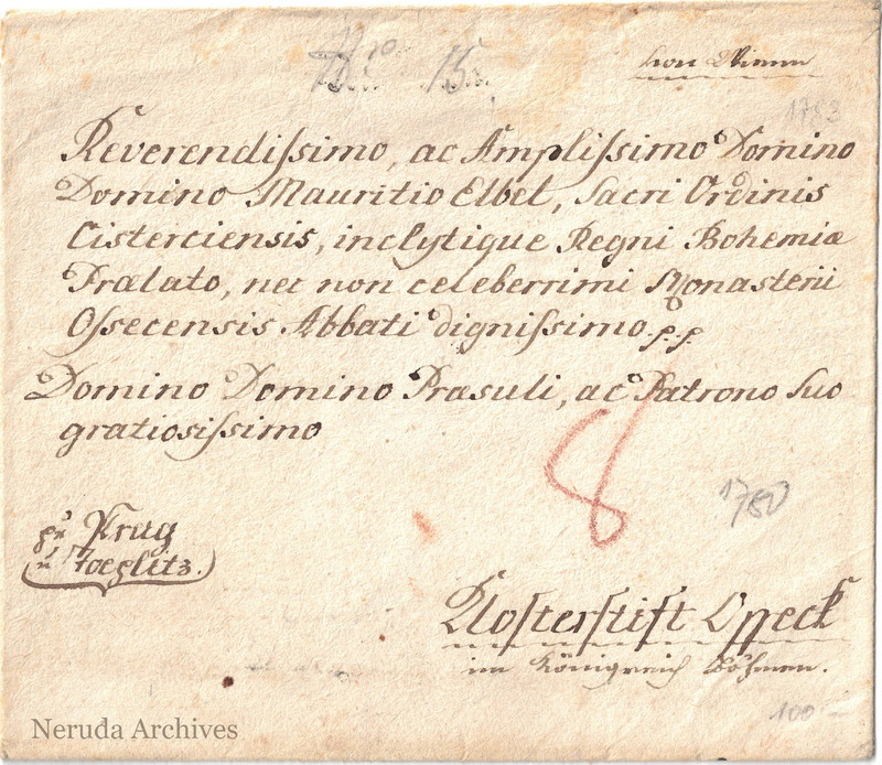 NRA-L-000037 image 1 showing Latin address to Mauritius Elbel, Abbot of Osek, with routing and exterior annotations.
