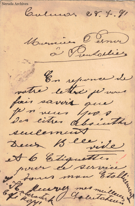 NRA-L-000160 image 2 showing a vertically written French postcard message dated 28 July 1891 and signed S. Haberstich of Café Rapp.