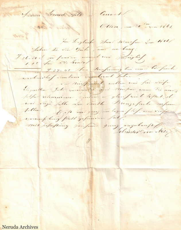 NRA-L-000115 image 2 showing a German-language handwritten letter with dated heading, calculations, signature, folds and a paper loss at the left edge.