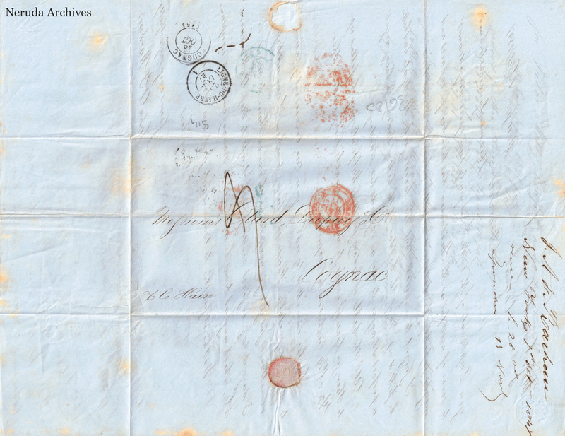 NRA-L-000413 image 1 showing a folded address panel to Otard Dupuy & Co in Cognac, with postal marks, a sealing remnant and manuscript docketing.