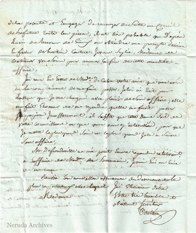 NRA-L-000008 image 3 showing the second page and signature of Coutain's 1806 letter concerning the Couture heirs' affair.