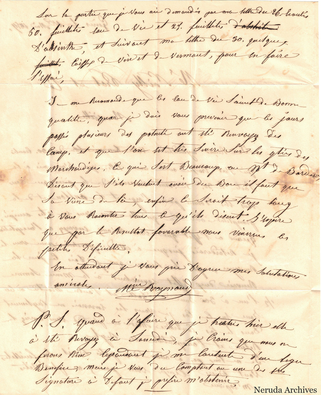 NRA-L-000133 image 3 showing the continuation of the handwritten Genoa letter, with discussion of absinthe, signature, postscript, folds and show-through.