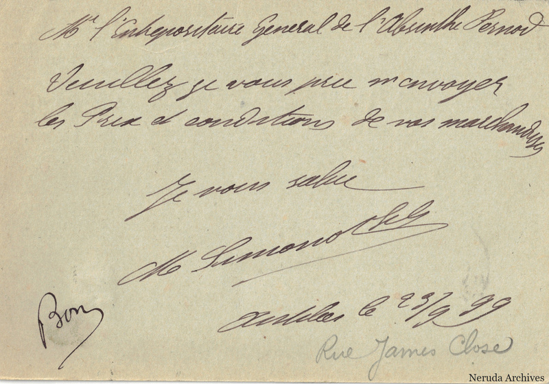 NRA-L-000341 image 2 showing the handwritten message from A. Simonot to General warehouseman for Pernod absinthe, with contemporary annotations and the sender's signature or business mark.