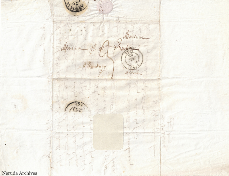 NRA-L-000549 image 1 showing a folded address panel to a Frachon correspondent with postal marks, routing notes, seals, folds and retained annotations.