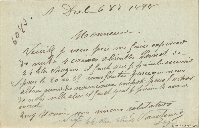 NRA-L-000292 image 2 showing the handwritten message from Louis Vautrin to Pernod Fils, with contemporary annotations and the sender's signature or business mark.