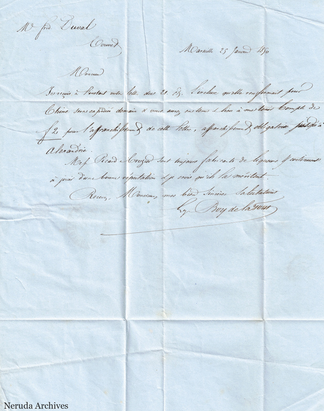 NRA-L-000129 image 2 showing a handwritten letter dated at Marseille with salutation to Frédéric Duval, signature and prominent folds.