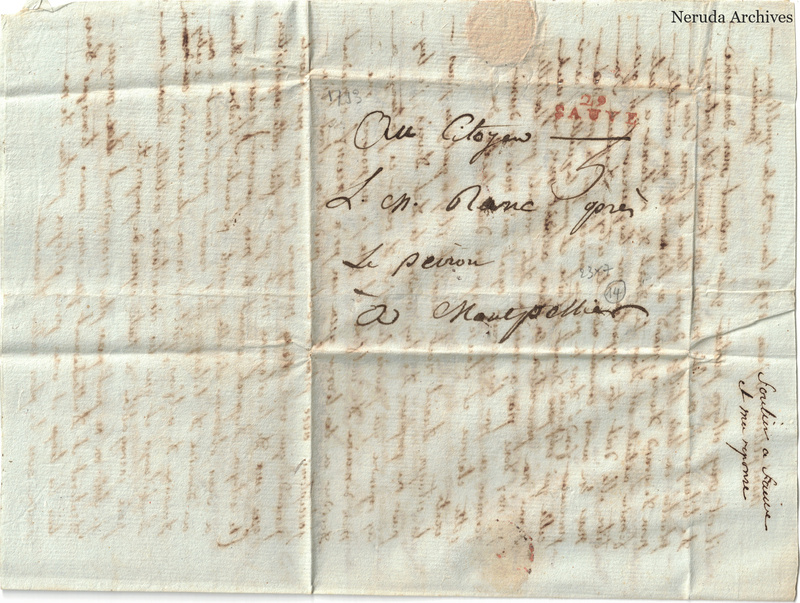 NRA-L-000668 image 1 showing the opened address panel to a citizen in Montpellier, with the Sauve postmark and marginal docketing.