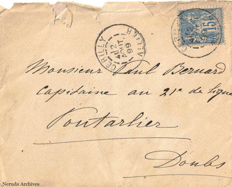 NRA-L-000148 image 1 showing the addressed envelope to Paul Bernard, captain in the 21st Line Regiment at Pontarlier, with postage stamp, circular postmark, creases and upper-edge damage.