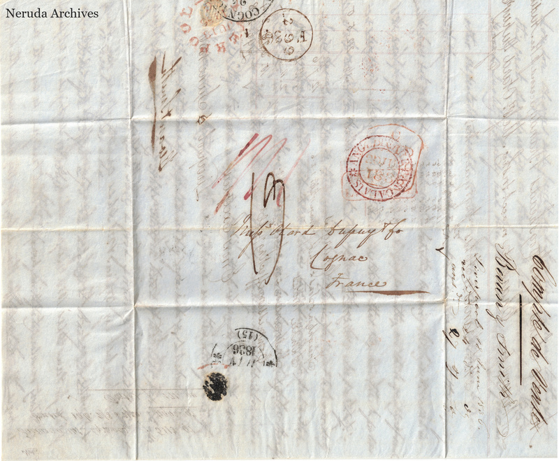 NRA-L-000436 image 1 showing the folded manuscript address panel on blue paper, with the written delivery address, postal markings and closure evidence.