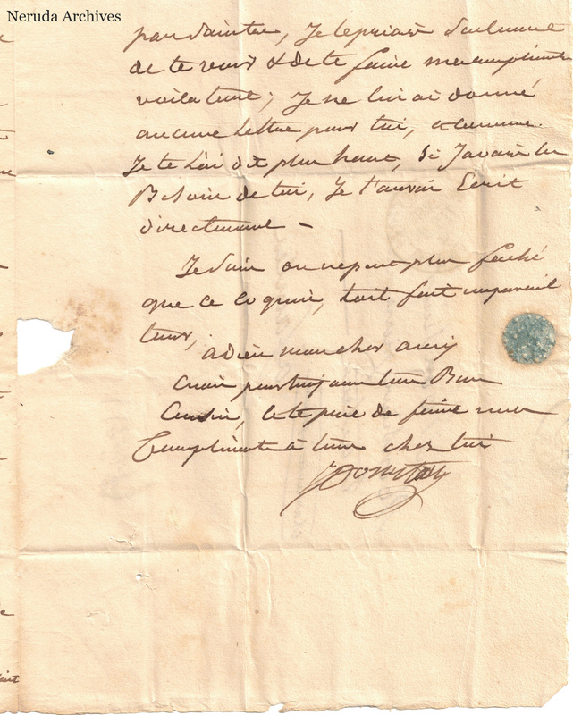 NRA-L-000419 image 4 showing the closing page and signature of the handwritten French letter, with paper loss and sealing evidence.
