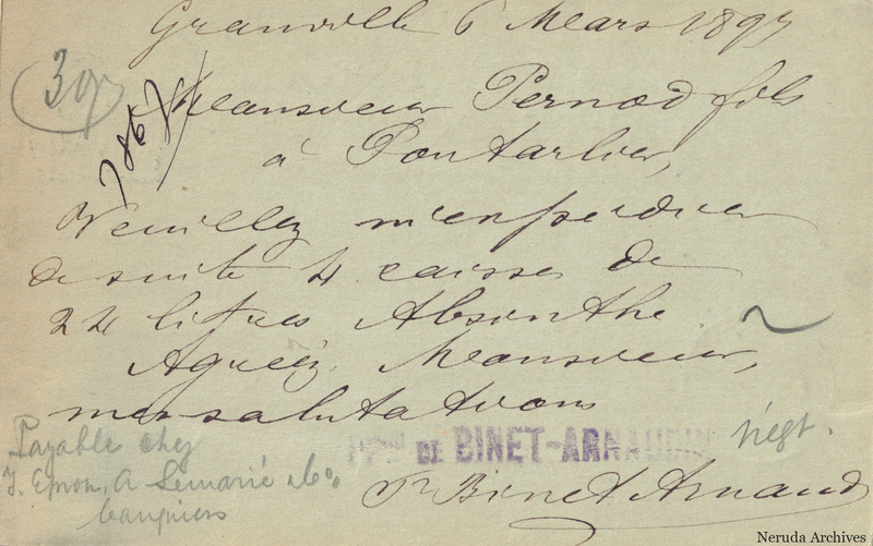 NRA-L-000181 image 2 showing the handwritten postcard message sent from Granville, with absinthe-trade correspondence and the sender's signature.