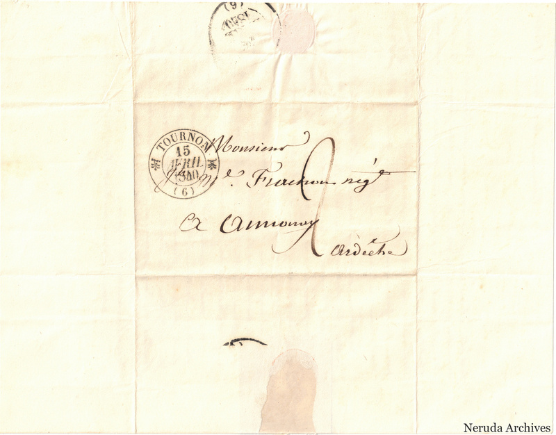 NRA-L-000593 image 1 showing a folded address panel to a Frachon correspondent at Annonay, with handwritten delivery address, postal marks, sealing evidence, folds and retained annotations.