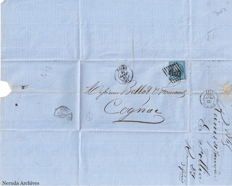 NRA-L-000450 image 1 showing the folded manuscript address panel on blue paper, with the written delivery address, postal markings and closure evidence.