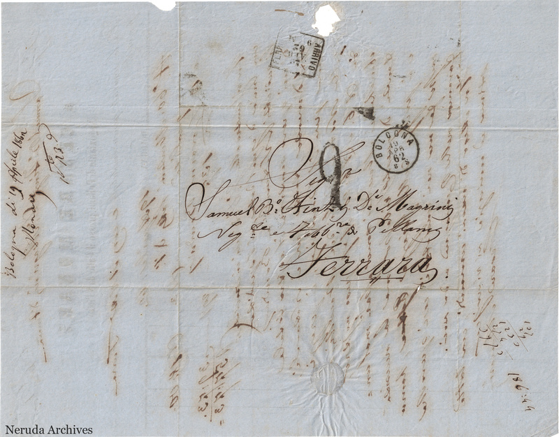 NRA-L-000757 image 1 showing the address to Samuel B° Finzi D° Magrini at Ferrara, postal marks and filing notes.