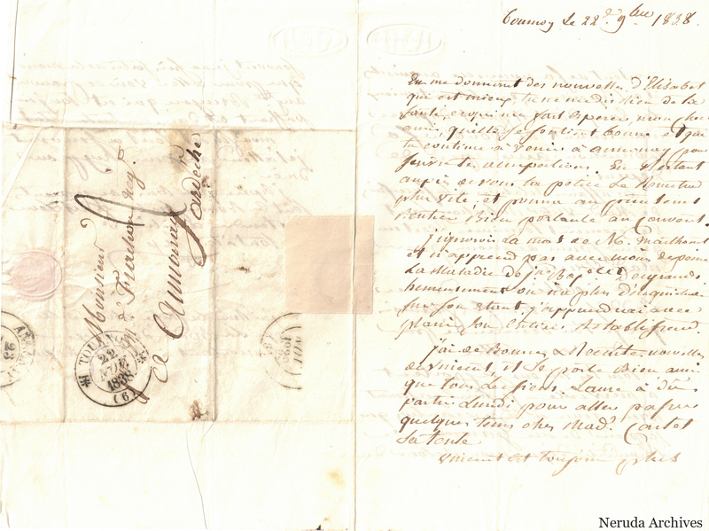 NRA-L-000532 image 1 showing a folded French letter combining manuscript text, its address panel, postal marks, seals, folds and retained annotations.