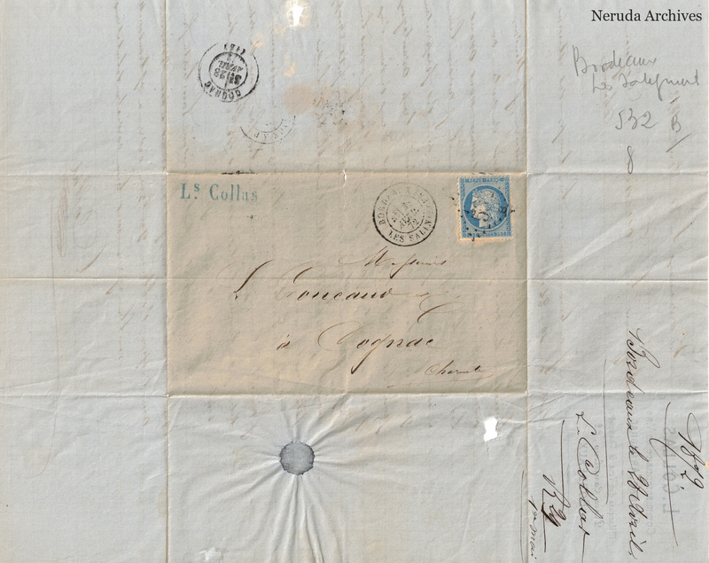 NRA-L-000452 image 1 showing the folded manuscript address panel on blue paper, with the written delivery address, postal markings and closure evidence.