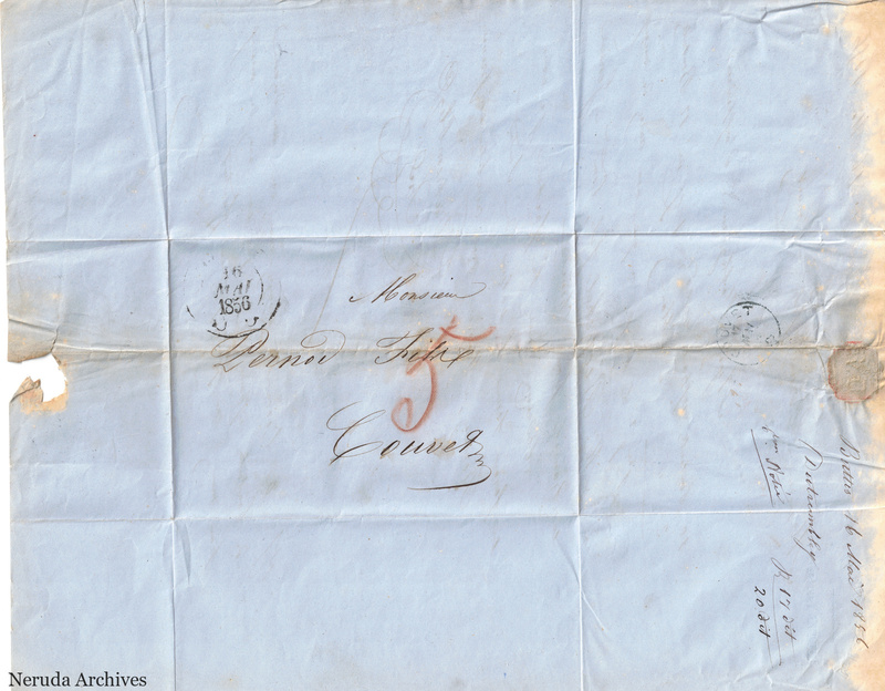 NRA-L-000109 image 1 showing the folded address panel to Pernod fils in Couvet with postal marks, red rate notation, dated docketing, seal remnants and irregular edge losses.