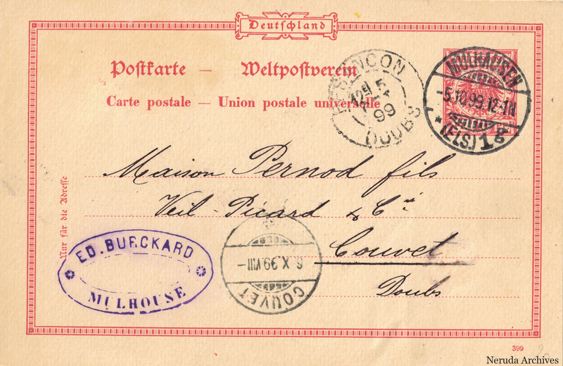 NRA-L-000166 image 1 showing a red German postcard addressed to Maison Pernod fils in Couvet, with an Ed. Burckard company cachet, postage stamp and postmarks.
