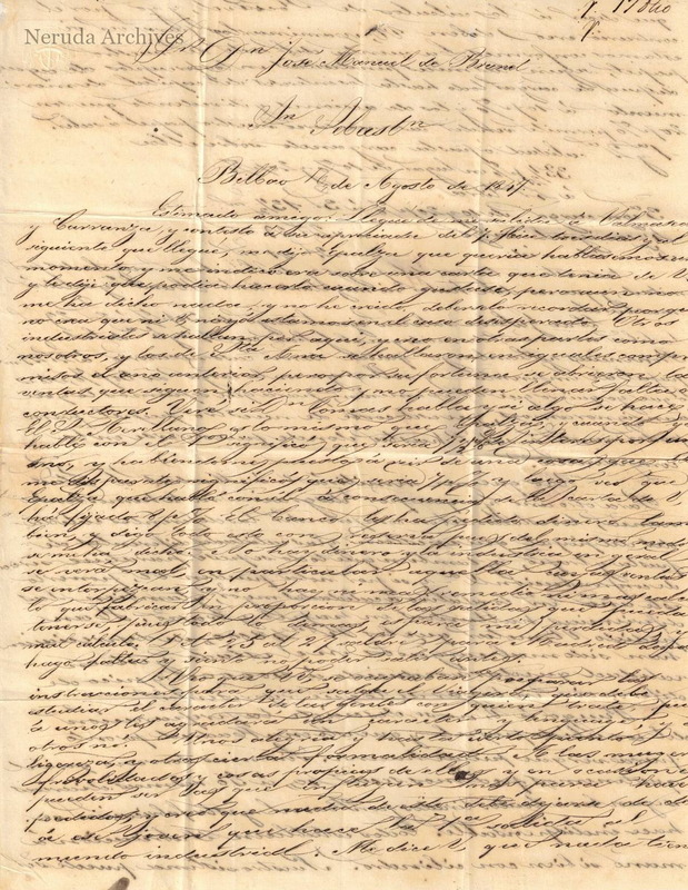 NRA-L-000003 image 2 showing the first page of Ramón de Guardamino's letter from Bilbao, 14 August 1847.