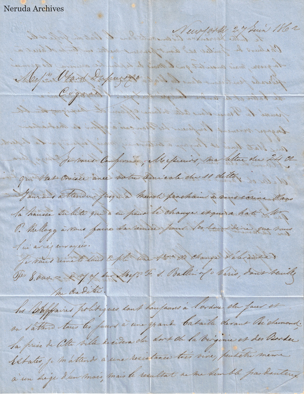 NRA-L-000418 image 1 showing the first page of a handwritten French commercial letter dated in New York and addressed to Otard Dupuy & Co.