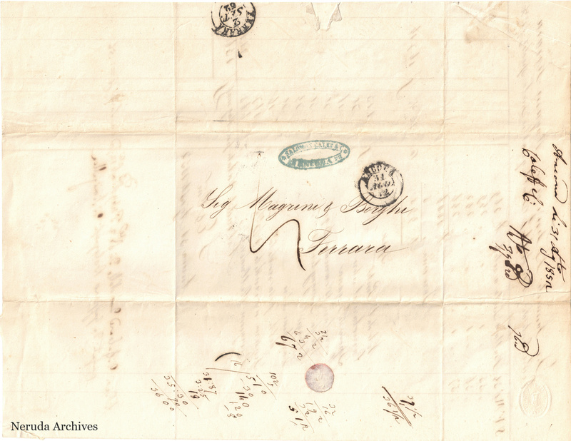 NRA-L-000693 image 1 showing the delivery address, postal evidence and docket of Salomone Calef & C.'s letter dated 31 August 1852.