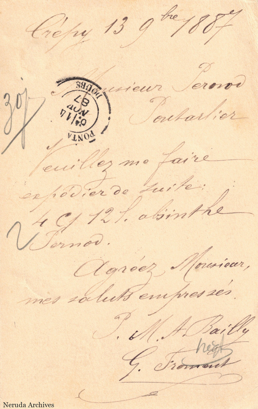 NRA-L-000176 image 2 showing the handwritten postcard message sent from Crépy-en-Valois, with absinthe-trade correspondence and the sender's signature.