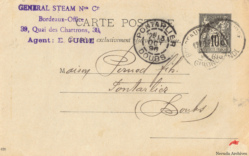 NRA-L-000171 image 1 showing the postcard address panel to Pernod fils in Pontarlier, with postage stamp, postmarks and the sender's business mark.