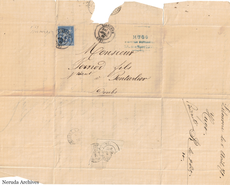 NRA-L-000122 image 1 showing the folded graph-paper address panel to Pernod fils in Pontarlier with a postage stamp, postal marks, receiver docketing, upper paper loss and an irregular lower-left edge.