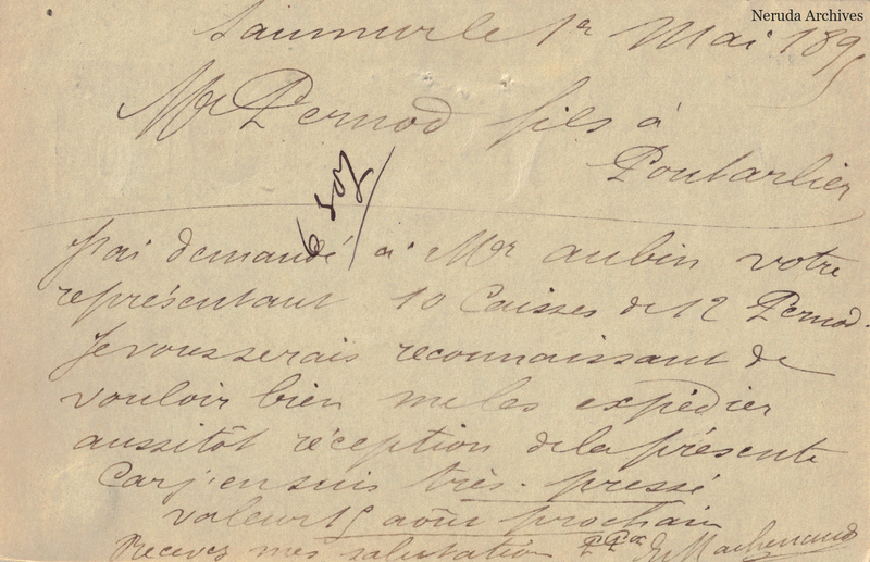 NRA-L-000178 image 2 showing the handwritten postcard message sent from Saumur, with absinthe-trade correspondence and the sender's signature.