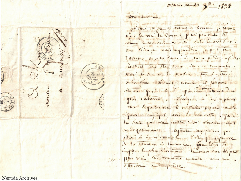NRA-L-000564 image 1 showing a folded French letter combining manuscript text, address panel, postal marks, seals, folds and retained annotations.