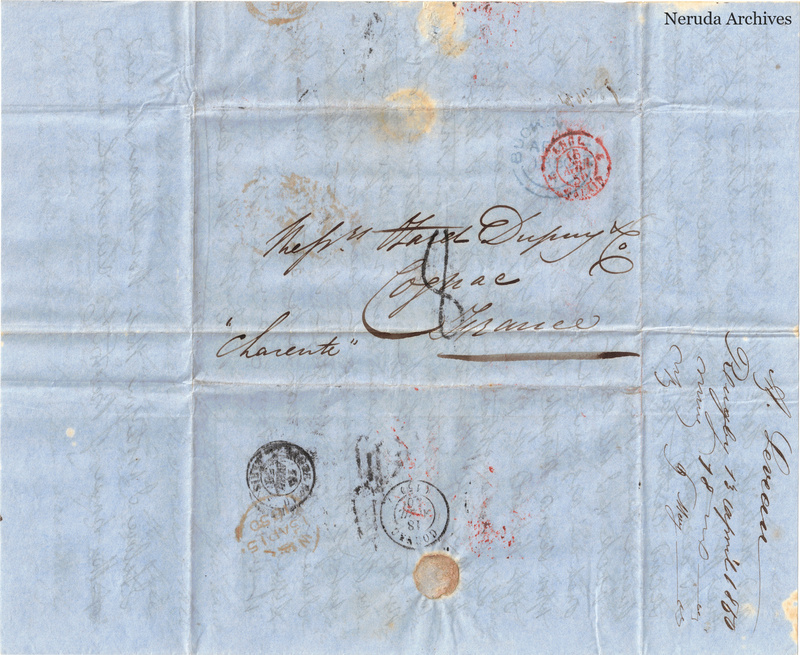 NRA-L-000424 image 1 showing the folded manuscript address panel on blue paper, with the written delivery address, postal markings and closure evidence.