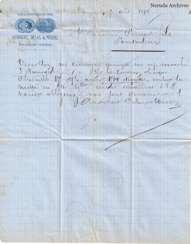 NRA-L-000151 image 2 showing a French commercial letter from Audibert, Delas & Michel at Tournon-sur-Rhone, dated 7 August 1876, addressed to Pernod fils, with company letterhead, signature and prominent folds.