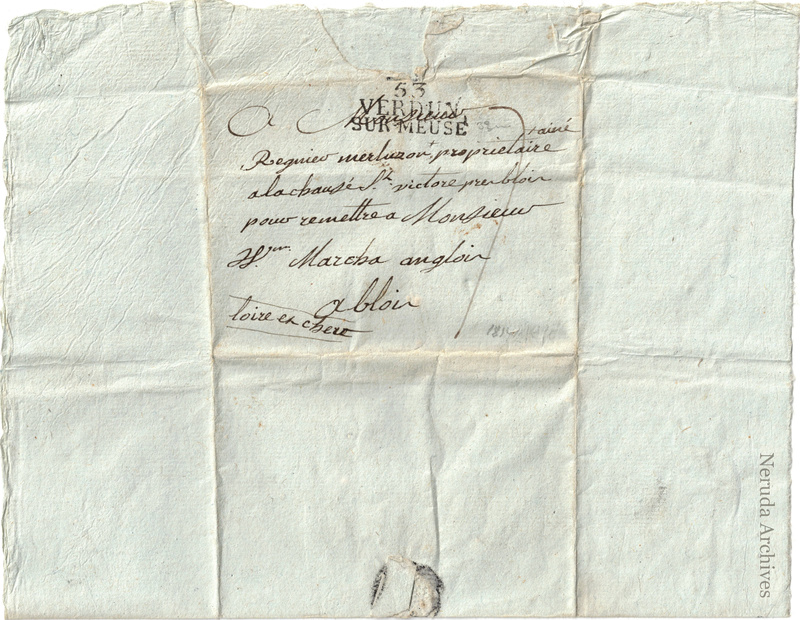 NRA-L-000033 image 1 showing address to Mr Marcha in Blois via Regnier, with Verdun postal evidence.