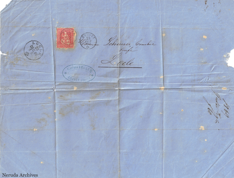 NRA-L-000132 image 1 showing a folded blue-paper address panel to a recipient at Le Locle, with a postage stamp, postal marks, a Gustave Legler handstamp, manuscript docketing, folds and paper losses.