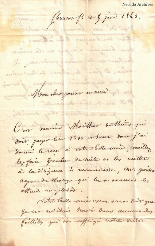 NRA-L-000061 image 2 showing the opening page of a French letter dated 5 June 1843, with an embossed paper mark, folds and writing visible through the sheet.