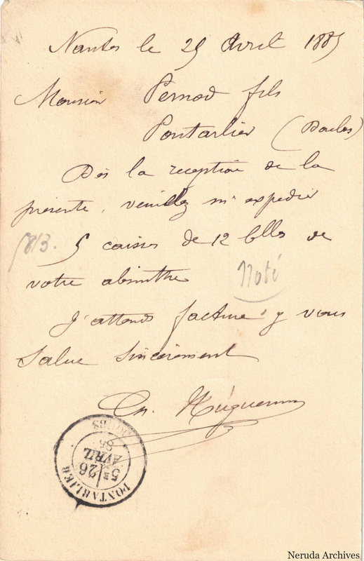 NRA-L-000187 image 2 showing the handwritten message from Charles Huguenin to Pernod Fils, with contemporary annotations and the sender's signature or business mark.