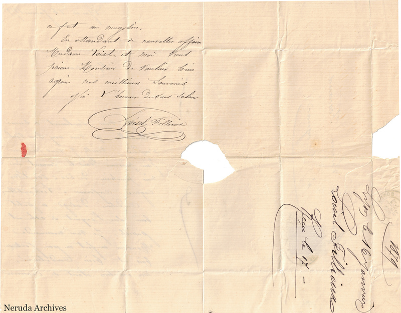NRA-L-000445 image 3 showing the second page of the French commercial letter with its signature, folds, paper losses and contemporary docketing.